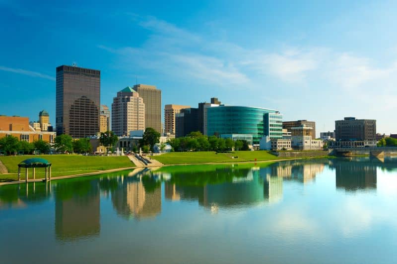 Dayton downtown skyline and the Great Miami River, optimized for vivid color. Dayton downtown skyline and the Great Miami River, optimized for vivid color.
