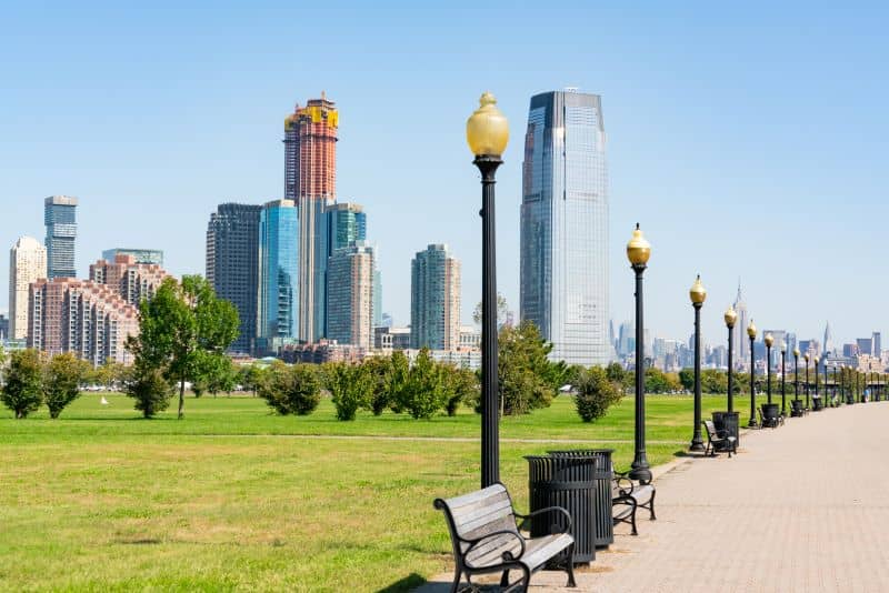 Skyline of Jersey City, New Jersey along path in Liberty State Park Skyline of Jersey City, New Jersey along path in Liberty State Park