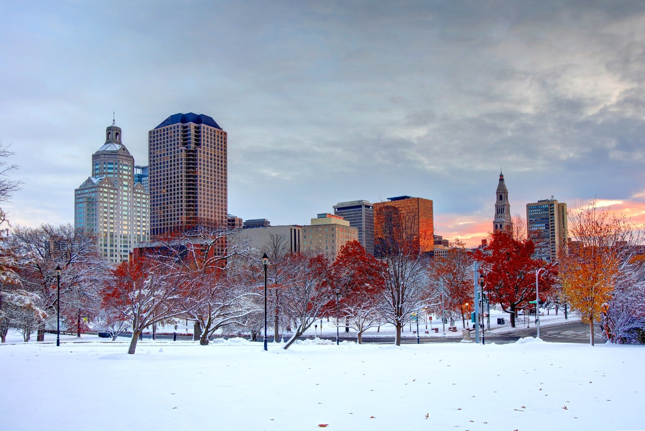snowy hartford ct downtown skyline in winter snowy hartford ct downtown skyline in winter