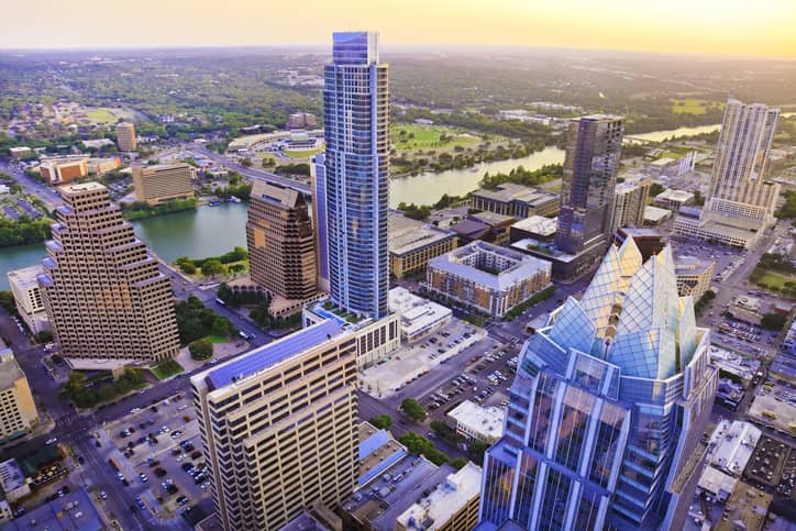 Austin Texas skyscrapers skyline aerial at sunset Austin Texas skyscrapers skyline aerial at sunset